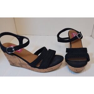 POP Perth Womens 9.5M Black Braid Strap Cork Wedge Platform Sandals Ankle Strap